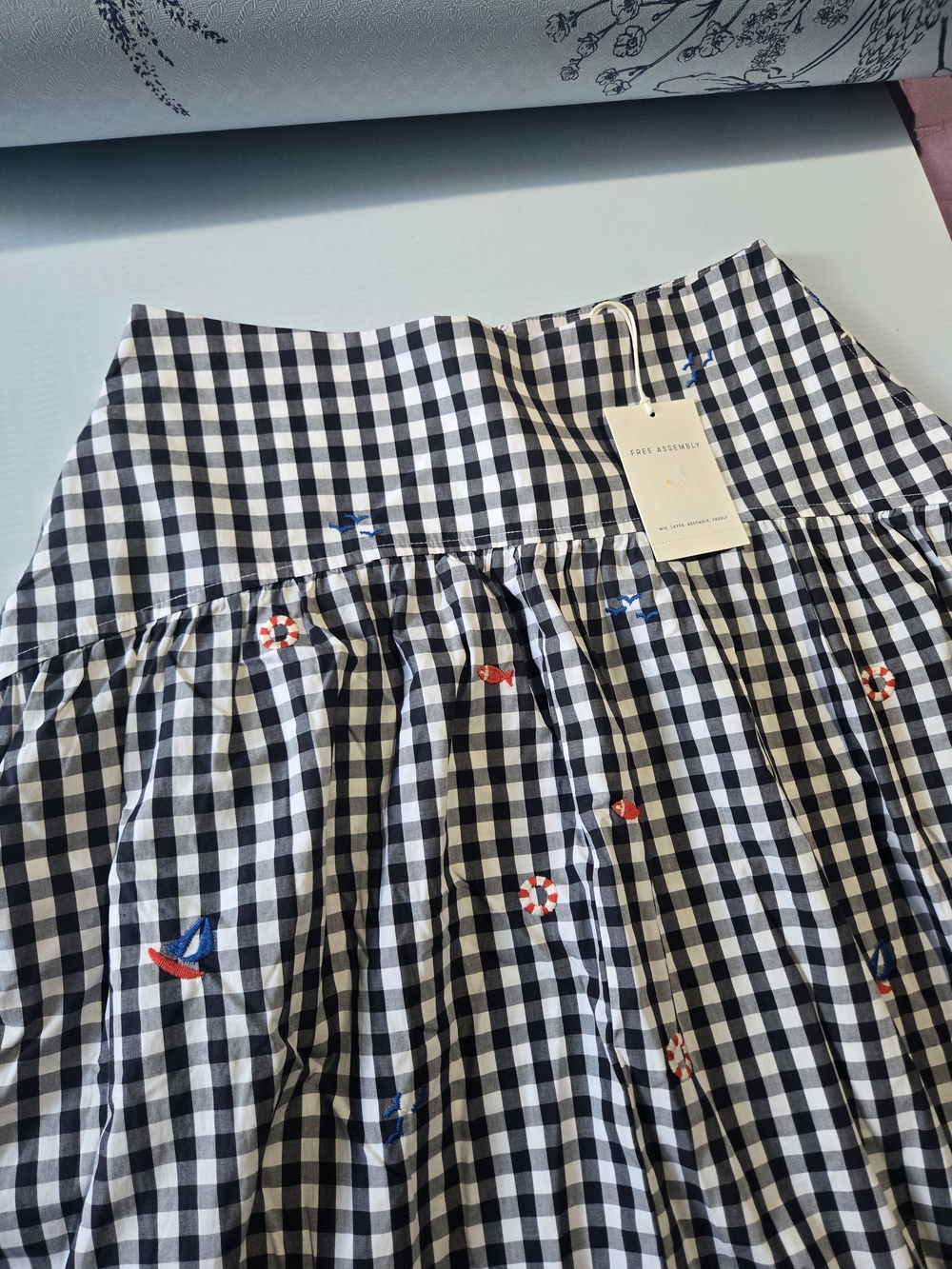 Black and White Gingham A-Line Midi Skirt with Red & Blue Embroidery - Picture 4 of 6